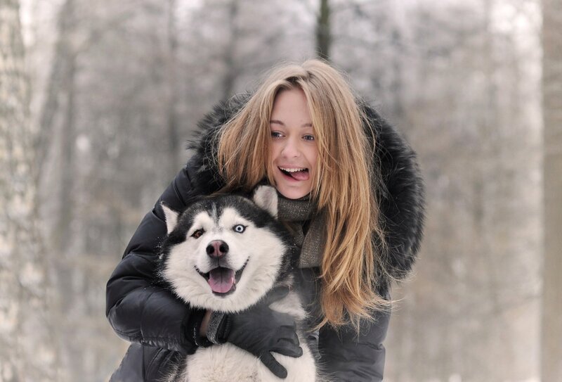 Woman Holding Husky — White