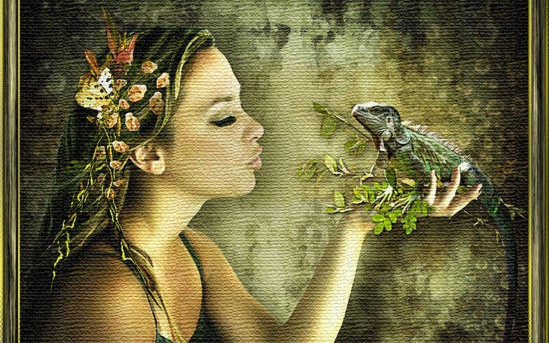 Woman Holding Iguana — Green
