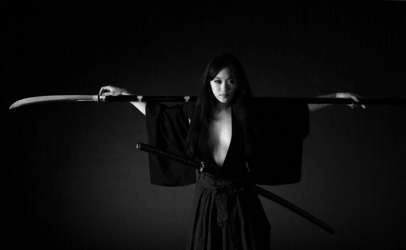 Woman Holding Katana — Black, Dramatic, Night, Photograph