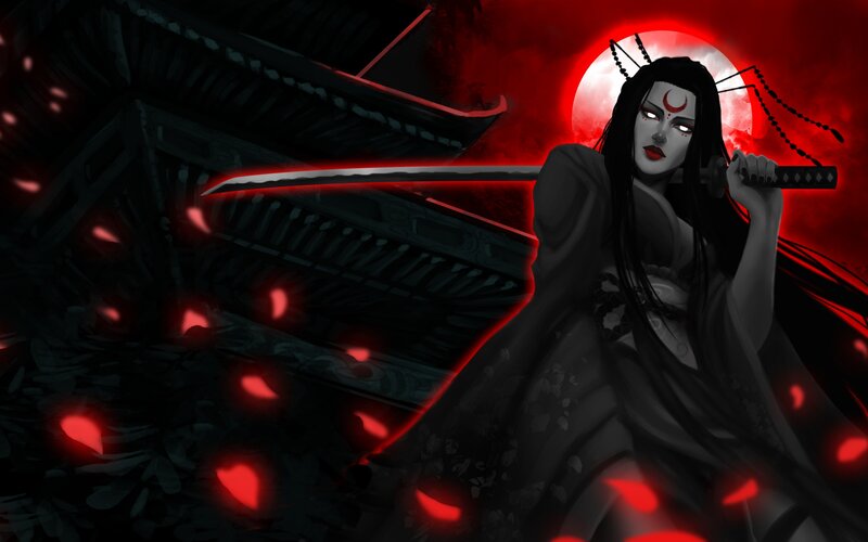 Woman Holding Katana — Black, Dramatic, Night