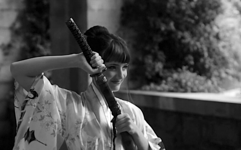 Woman Holding Katana — Black, Dramatic, Photograph, Kimono, Bushes