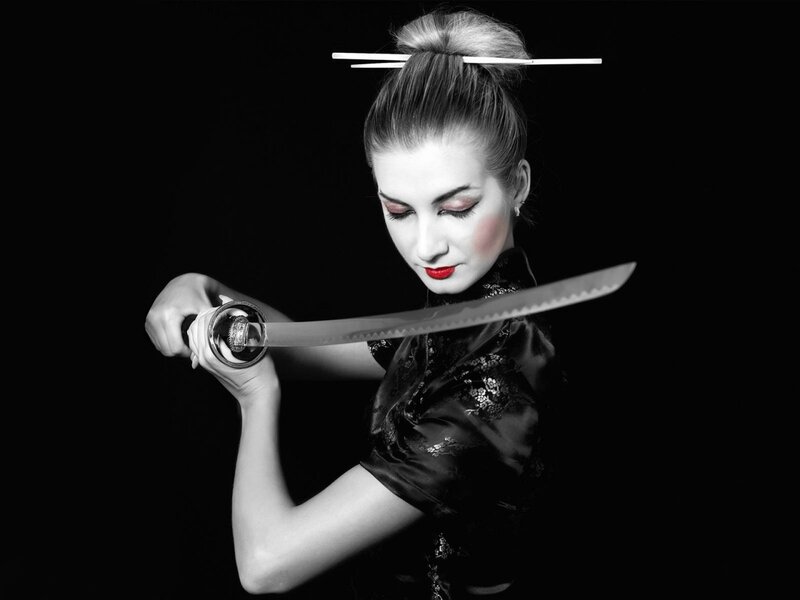 Woman Holding Katana — Black, Dramatic, Photograph