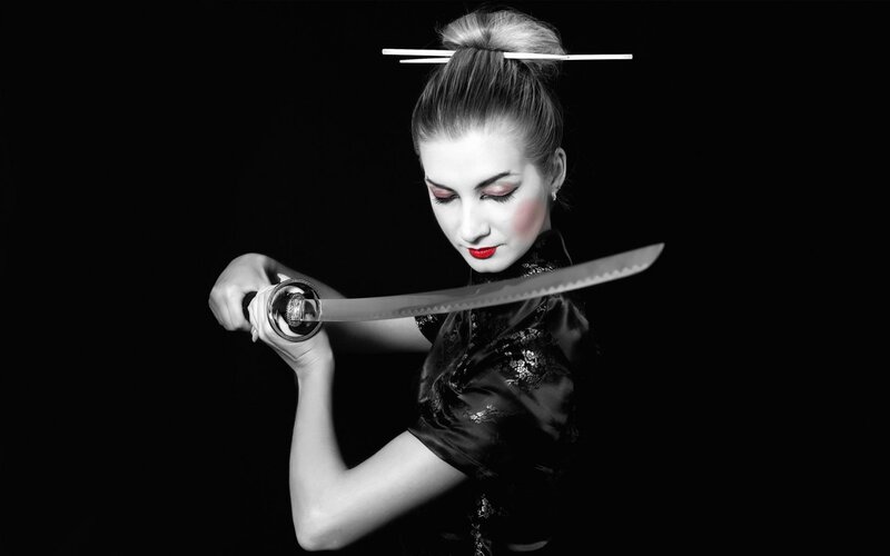 Woman Holding Katana — Black, Dramatic