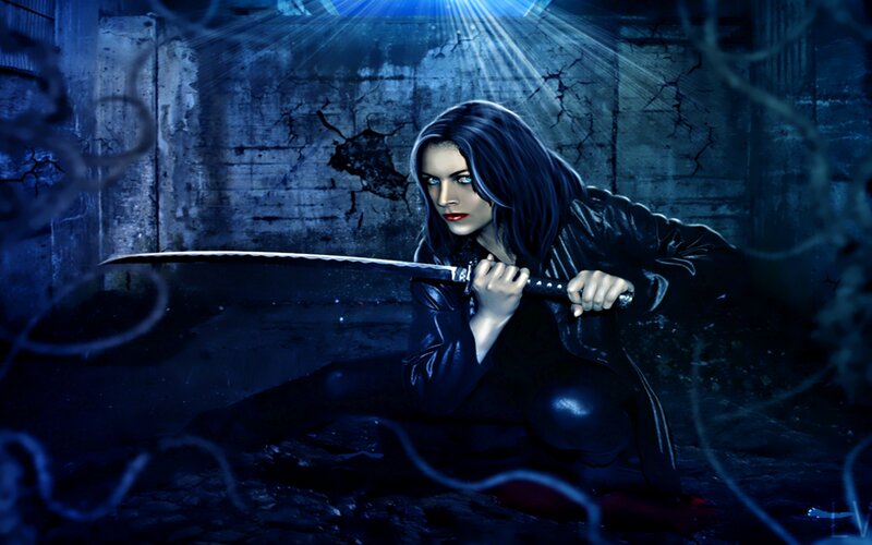 Woman Holding Katana — Blue