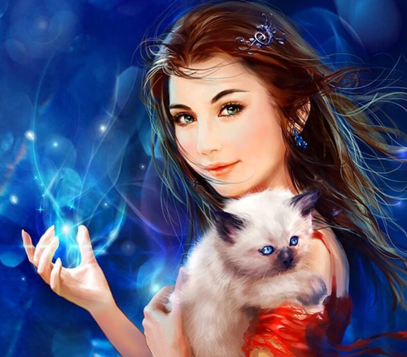 Woman Holding Kitten — Blue, Magical