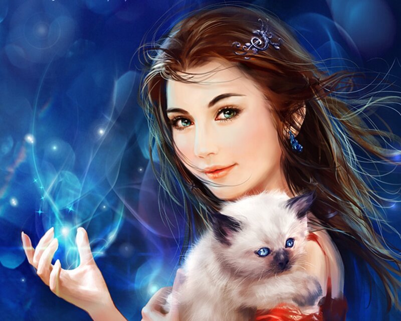 Woman Holding Kitten — Blue, Serene