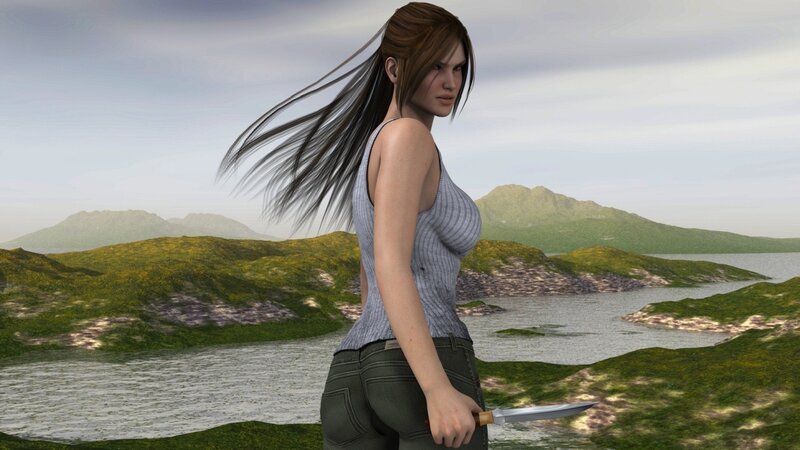 Woman holding knife in landscape