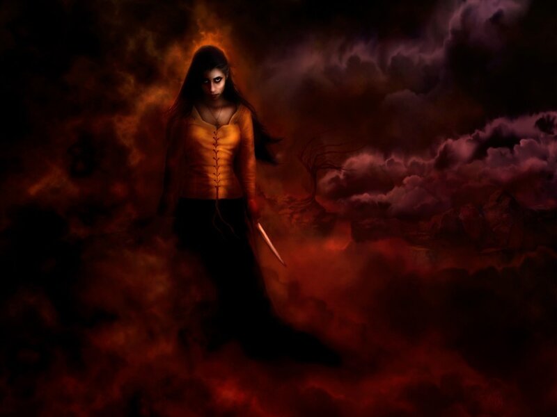 Woman Holding Knife — Red, Dramatic, Night, Digital Art