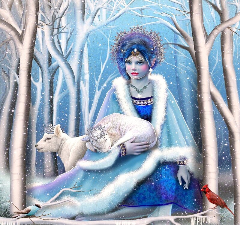 Woman Holding Lamb — Blue, Serene