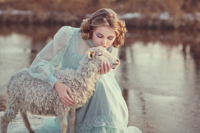 Woman Holding Lamb — Light Blue
