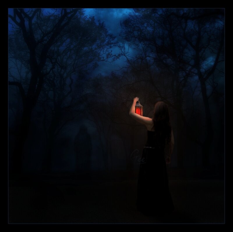 Woman Holding Lantern — Black, Dark, Night, Digital Art