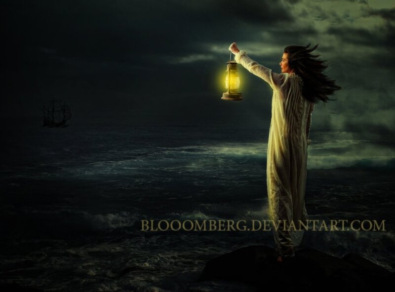 Woman Holding Lantern — Black, Dramatic, Night, Digital Art, Ship