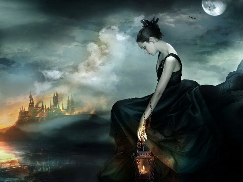 Woman Holding Lantern — Black, Dramatic, Night, Digital Art