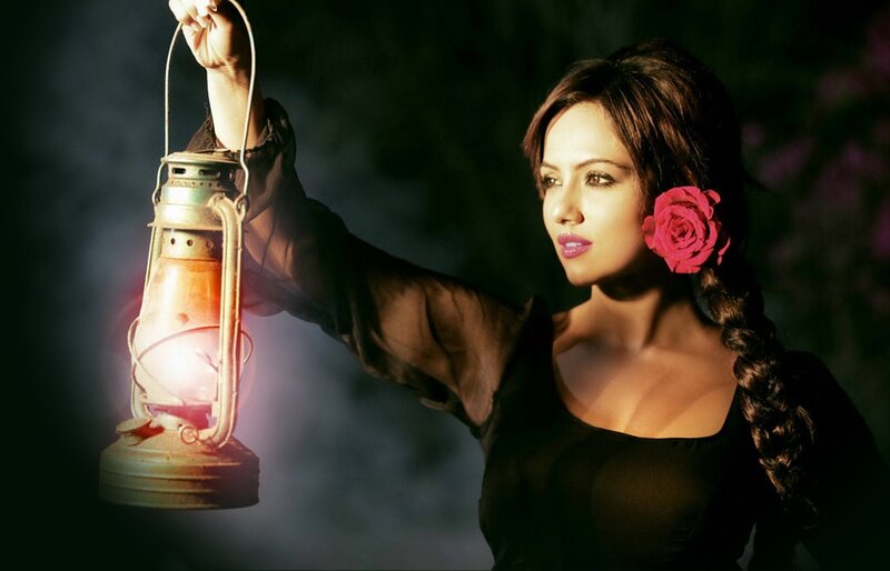 Woman Holding Lantern — Black, Dramatic, Night, Photograph