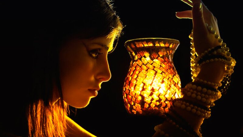Woman Holding Lantern — Black, Dramatic, Night