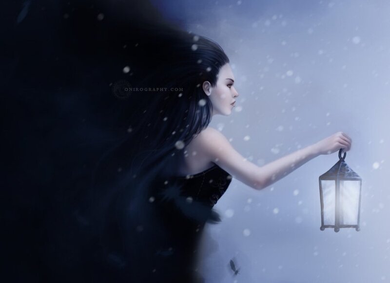 Woman Holding Lantern — Black, Dramatic, Winter