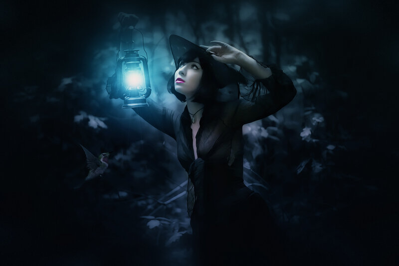 Woman Holding Lantern — Black, Mysterious