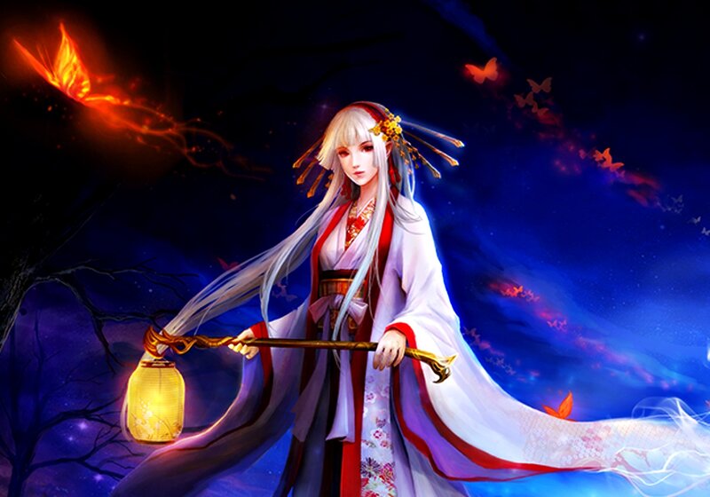 Woman Holding Lantern — Blue, Dramatic, Night, Digital Art