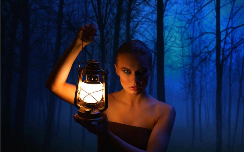 Woman Holding Lantern — Blue, Dramatic, Night