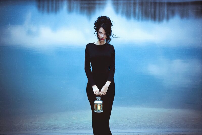 Woman Holding Lantern — Blue, Dramatic, Photograph