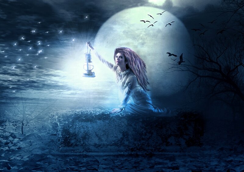Woman Holding Lantern — Blue, Dramatic