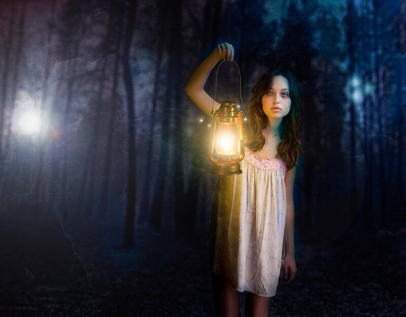 Woman Holding Lantern — Blue, Mysterious, Night