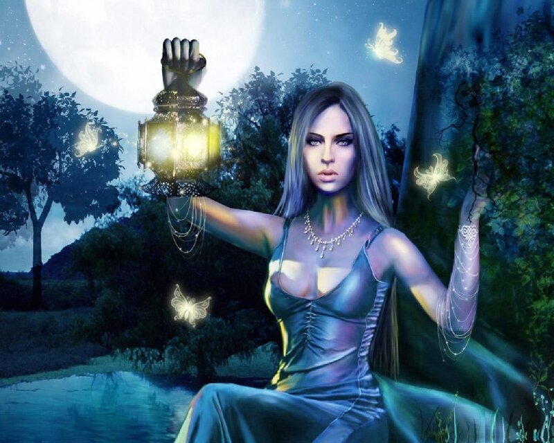 Woman Holding Lantern — Blue, Mystical, Night