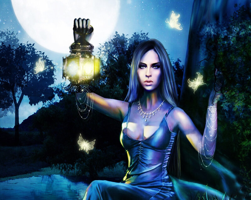 Woman Holding Lantern — Blue, Mystical