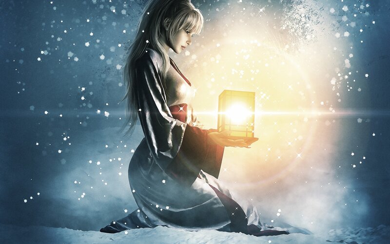 Woman Holding Lantern — Blue, Serene, Mystical