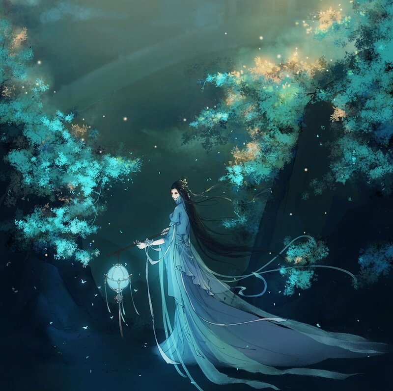 Woman Holding Lantern — Blue, Serene, Night