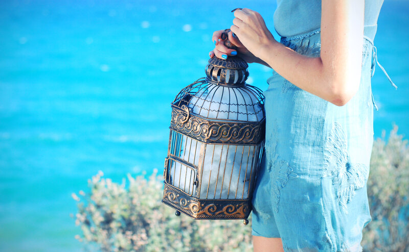 Woman Holding Lantern — Blue, Serene