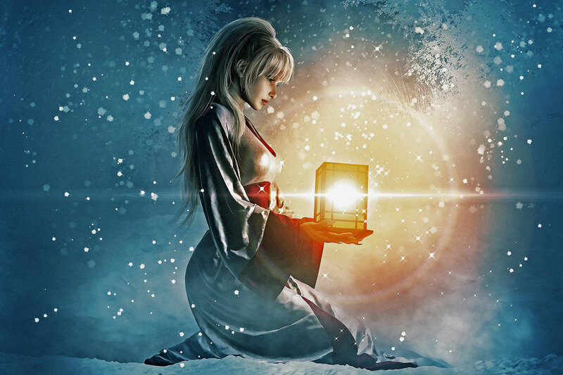 Woman Holding Lantern — Blue, Serene, Winter