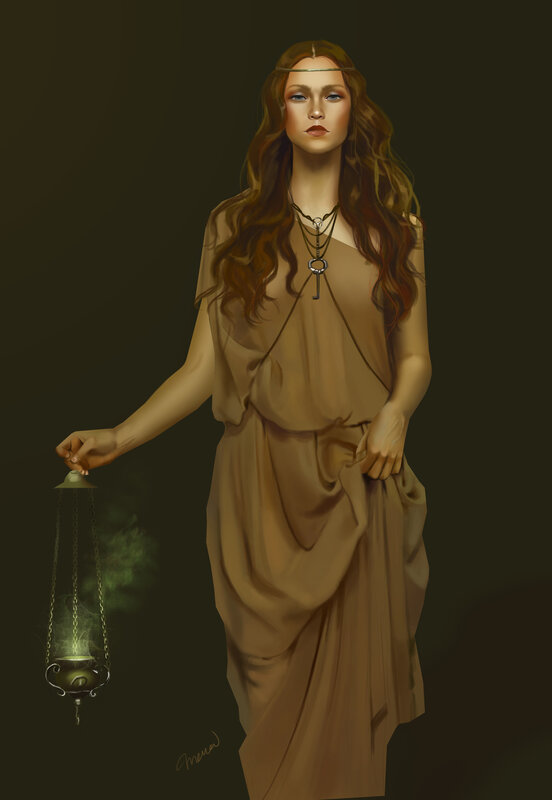 Woman Holding Lantern — Brown, Dramatic, Night, Digital Art