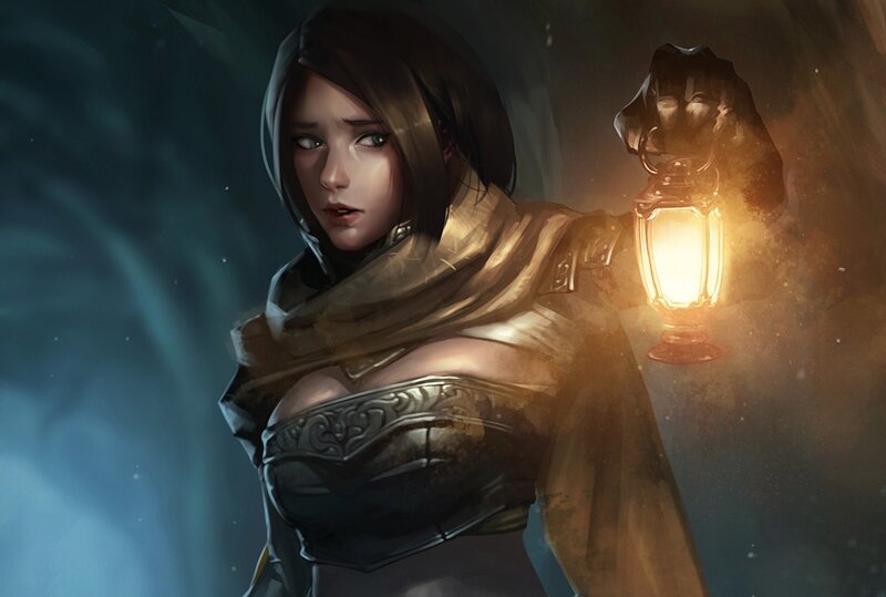 Woman Holding Lantern — Brown, Dramatic