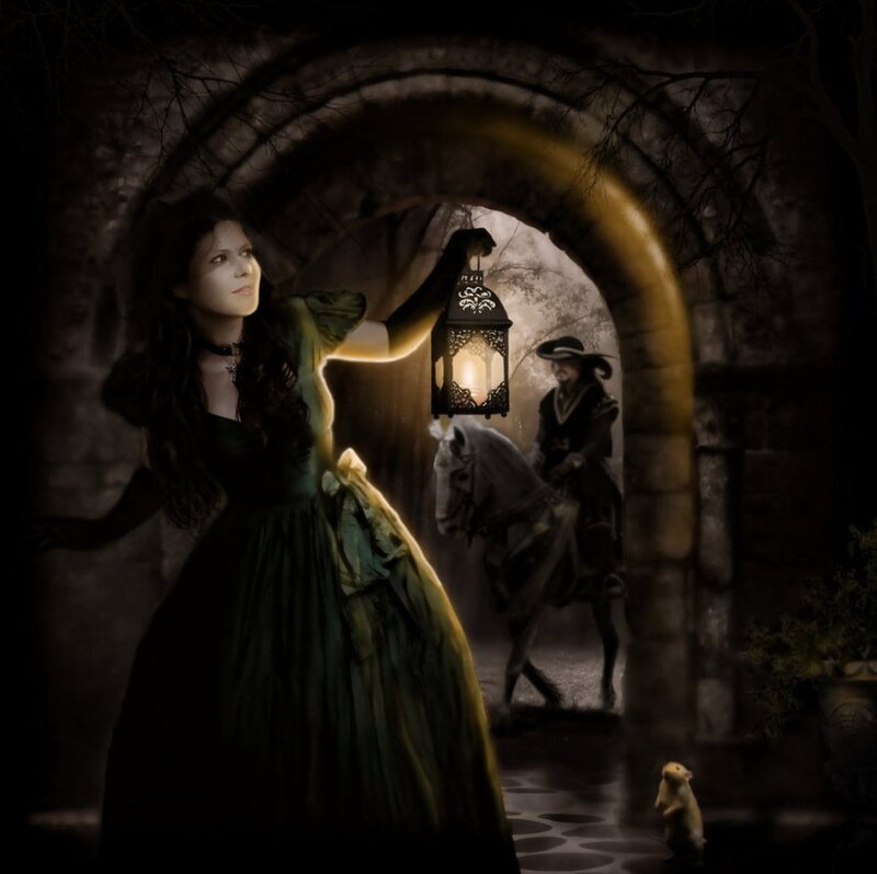 Woman Holding Lantern — Green, Dramatic, Night