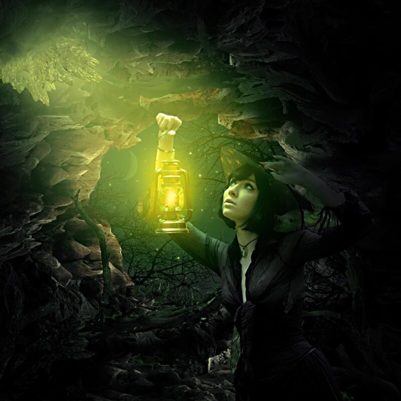 Woman Holding Lantern — Green, Dramatic