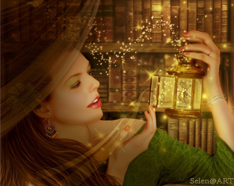 Woman Holding Lantern — Green, Magical, Digital Art