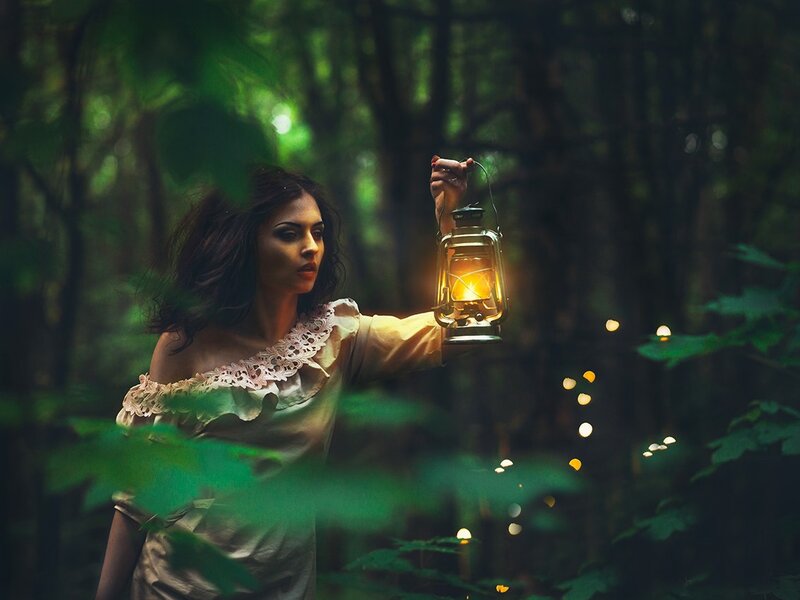Woman Holding Lantern — Green, Mysterious