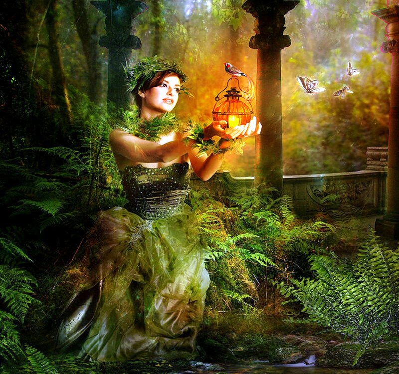 Woman Holding Lantern — Green, Serene, Afternoon, Digital Art, Bird