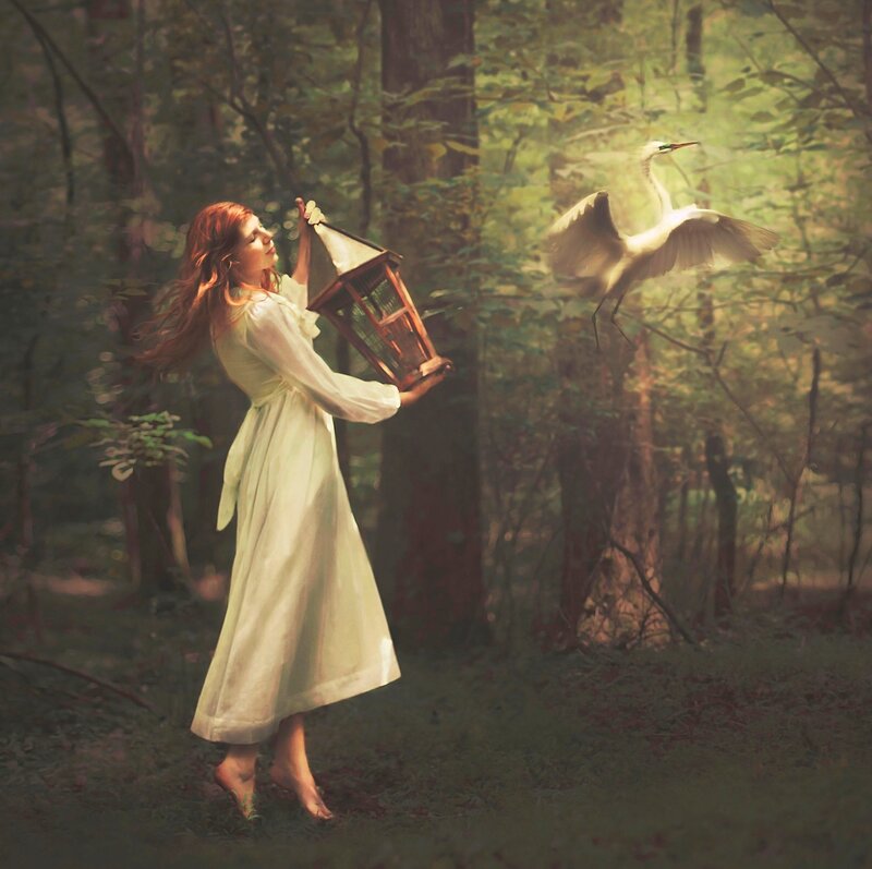 Woman Holding Lantern — Green, Serene, Afternoon, Digital Art