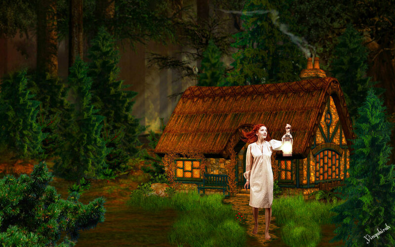 Woman Holding Lantern — Green, Serene, Night
