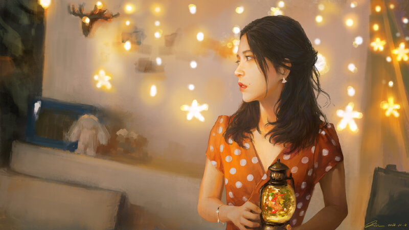 Woman Holding Lantern — Orange, Warm
