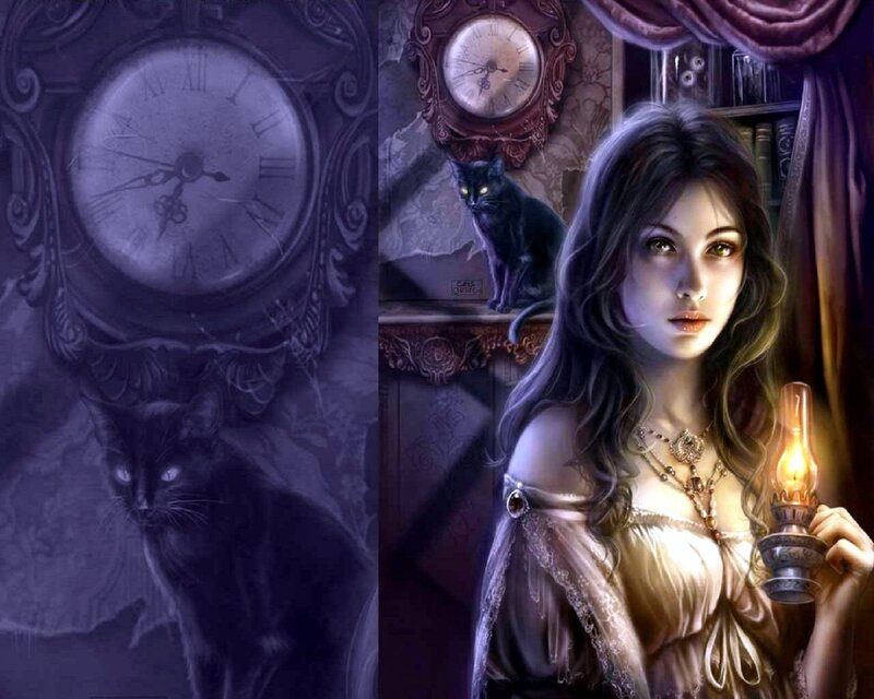 Woman Holding Lantern — Purple, Dramatic, Night, Digital Art, Cat