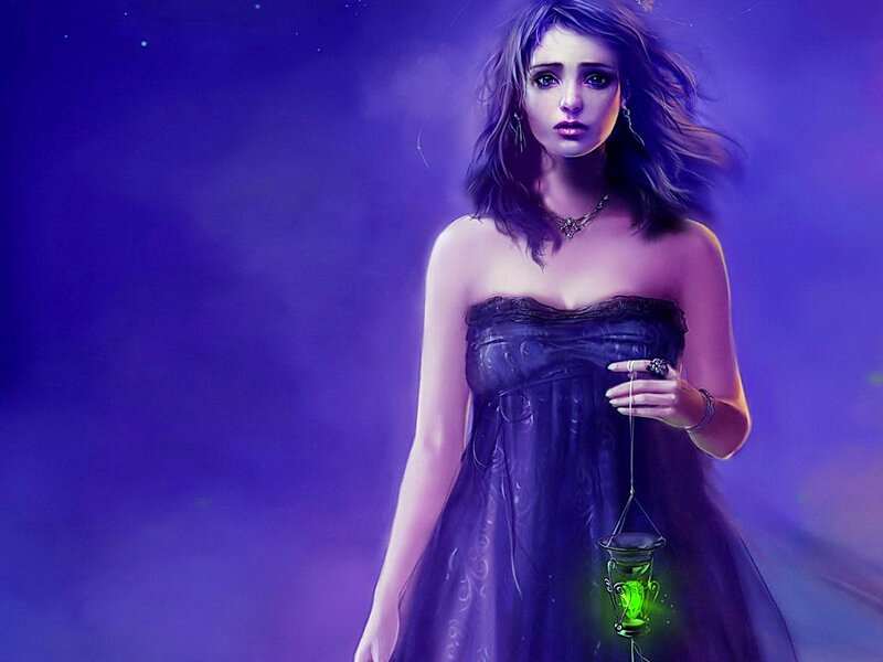 Woman Holding Lantern — Purple, Dramatic, Night, Digital Art, Dress, Necklace