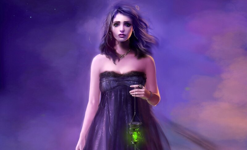 Woman Holding Lantern — Purple, Dramatic, Night, Digital Art, Dress