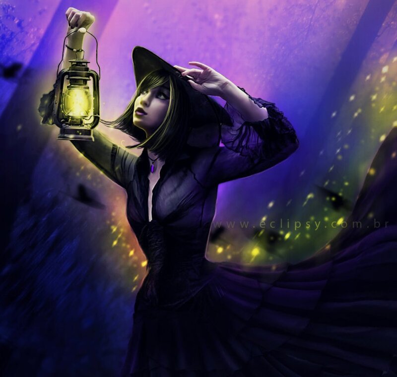 Woman Holding Lantern — Purple, Dramatic, Night, Digital Art, Hat
