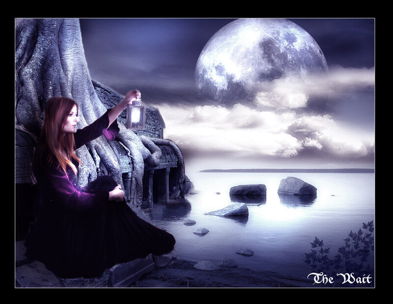 Woman Holding Lantern — Purple, Dramatic, Night, Digital Art, Moon