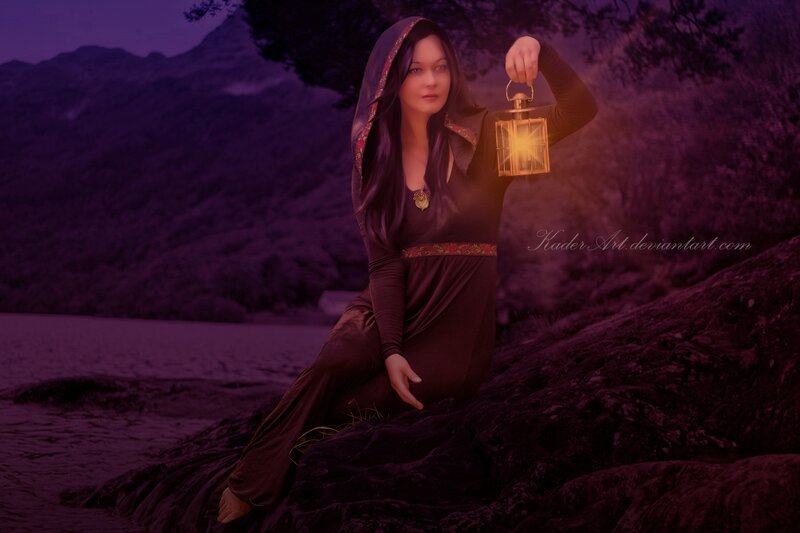 Woman Holding Lantern — Purple, Dramatic, Night, Digital Art, Mountains