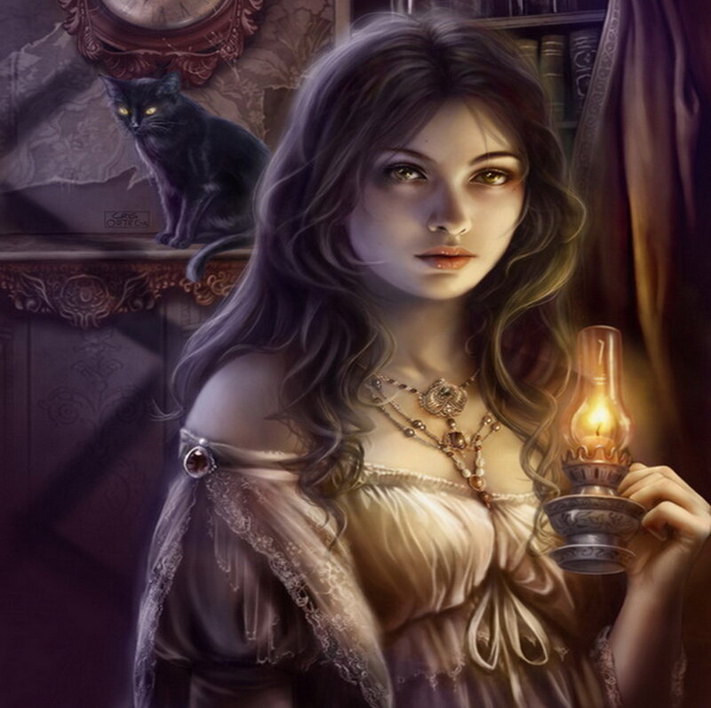 Woman Holding Lantern — Purple, Dramatic, Night, Digital Art