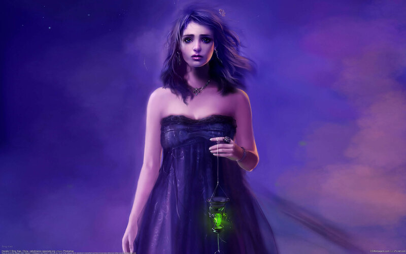 Woman Holding Lantern — Purple, Dramatic